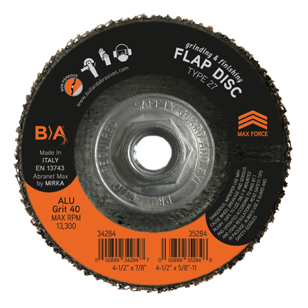 BULLARD ABRASIVES Non-Loading Flap Disc, 4-1/2 x 5/8-11, PK10 35284